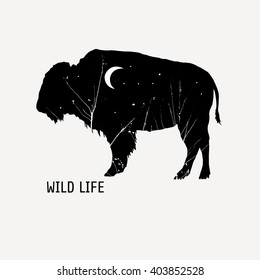 Buffalo with a pattern, forest on an animal.Design concept for banner, card, scrap booking, t-shirt, bag, print, poster. Hand drawn vector illustration