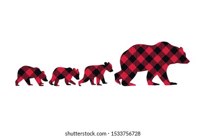 
Buffalo Plaid Bear Family. She Bear And Her Three Cubs. Vector Illustration Of Wildlife.