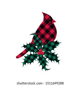 
Buffalo Plaid Cardinal Bird. Christmas design element. Silhouette of a bird and holly leaves on a white background. Festive vector illustration.