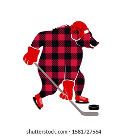 
Buffalo Plaid cartoon bear hockey player. Sports Mascot. Vector illustration.  
