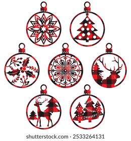 Buffalo plaid Christmas baubles, winter holidays decorations. Tartan fabric texture Christmas balls in black and red colors, vector isolated illustration.