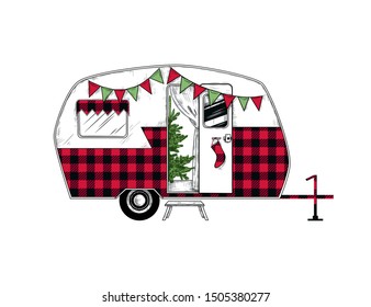 
Buffalo plaid Christmas  camper. Vintage vector illustration.
  Engraved design element on a white background.  Christmas style. 