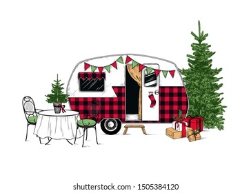 
Buffalo plaid Christmas  camper. Vintage vector illustration.
  Engraved design element on a white background.  Christmas style. 