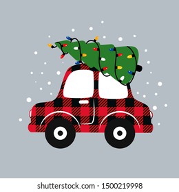 Buffalo Plaid Christmas Car .
 Vector Illustration. Country Christmas Style. Isolated Design Element On A Gray Background.