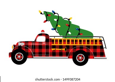 

Buffalo Plaid Christmas Fire Engine .
 Vector illustration. Country Christmas style.Isolated design element on a white background.