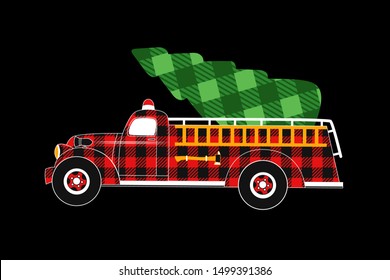 

Buffalo Plaid Christmas Fire Engine .
 Vector illustration. Country Christmas style.Isolated design element on a black background.