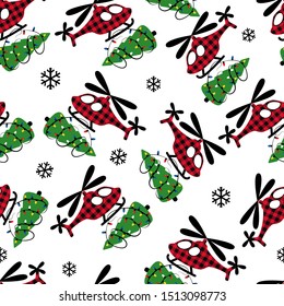 
 Buffalo plaid Christmas helicopter with Christmas tree.
 Festive seamless pattern on a white background. Vector illustration. 