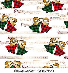 
Buffalo plaid  Christmas Jingle Bells  on the background of the music page. 
 Festive seamless pattern. Vector illustration. 