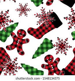 

Buffalo plaid Christmas seamless pattern. Checkered  Christmas  stockings, snowflakes, Gingerbread men and Christmas trees on a white background. Festive vector illustration.