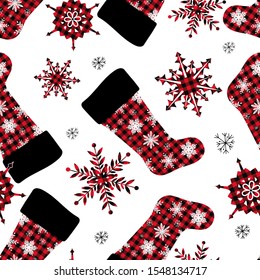 
Buffalo plaid Christmas stocking seamless pattern. Checkered socks and snowflakes on a white background. Festive vector illustration.
