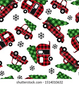 
Buffalo Plaid Christmas transport . Red truck, camper and car. Festive seamless pattern on a white background. Vector illustration. Country style. 
