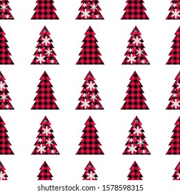 
 Buffalo plaid Christmas tree with snowflakes on a white background. Vector geometric seamless pattern. Festive vector illustration.