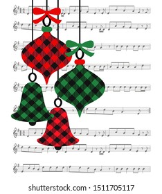 

Buffalo plaid Christmas tree toys on the background of the music page. Festive vector illustration. Musical card.
