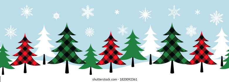 
 Buffalo plaid Christmas trees seamless pattern. Designer Ribbon.Various Christmas trees on white snow. Vector illustration.  
