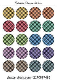 Buffalo plaid colored circle stickers, round labels. Printable sheet for planner