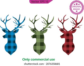 Buffalo Plaid Deer, deer heads Clip art. Deer head buffalo plaid set. Vector illustration woodland animal . Lumberjack clipart. 