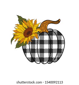 
 Buffalo Plaid Floral Pumpkin. Farmhouse Decor. Vector illustration. 