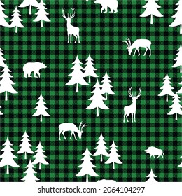 
Buffalo Plaid Forest Seamless Pattern. Trees, Deer, Bear And Wild Boar On A Checkered Background. Wildlife Vector Texture.