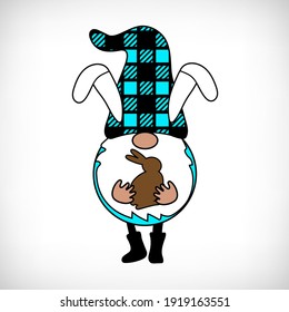 Buffalo Plaid Gnome with bunny ears and chocolate rabbit. Scandinavian Nordic Gnome with buffalo plaid hat. Cute Easter gnomes in checkered texture costume. Dwarf for greeting card, t shirt print.