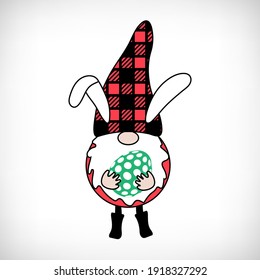 Buffalo Plaid Gnome on white background. Scandinavian Nordic Gnome with buffalo plaid hat. Cute gnomes in checkered patterned costume. Funny vector dwarf for greeting card, t shirt print, web design. 