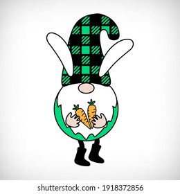 Buffalo Plaid Gnome on white background. Scandinavian Nordic Gnome with buffalo plaid hat. Cute gnomes in checkered texture costume. Funny vector dwarf for greeting card, t shirt print, web design. 