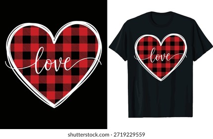 Buffalo Plaid Corazón con Cursive Love San Valentín Diseño de la camiseta