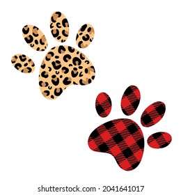 Buffalo Plaid And Leopard Print.  Dog Paw. Love Dogs. Animal Love Symbol Paw Print. Isolated On White Background.