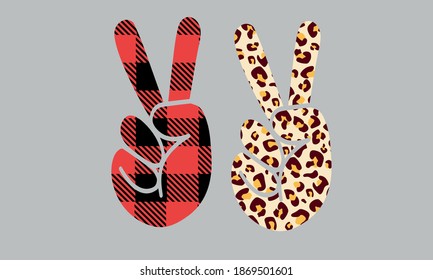 Buffalo plaid and Leopard print Peace hand Sign Vector and Art Clip