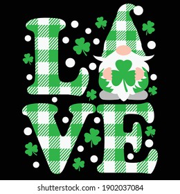 Buffalo plaid love and gnome cut file, St Patrick's day vector design, St Patrick's day gnome with shamrock