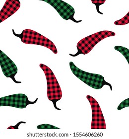 
Buffalo plaid mexican chili pepper seamless pattern. Red and green checkered objects on a white background. Abstract vector illustration.