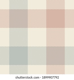 Buffalo plaid pattern in beige, grey, pink. Soft cashmere feel. Herringbone textured seamless light check graphic for flannel shirt, scarf, skirt, or other modern spring autumn winter textile print.