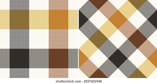 Buffalo plaid pattern in brown, yellow, beige, white. Seamless herringbone large gingham vichy vector for modern blanket, duvet cover, scarf, flannel shirt, other autumn winter textile design.