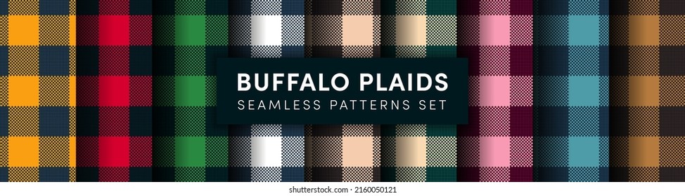 Buffalo Plaid seamless pattens set. Vector checkered red, green, brown, blue plaids textured background. Traditional fabric print collection. Flannel plaid texture for fashion, print, design