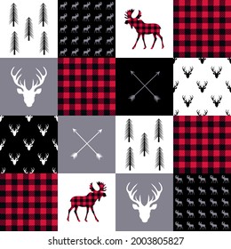 
Buffalo plaid seamless pattern in patchwork style. Elk, arrows, deer head and trees. Vector design.