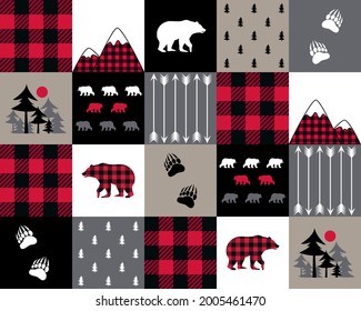 
Buffalo plaid seamless pattern in patchwork style. Bears, mountains, bear tracks, arrows and trees. Vector design.
