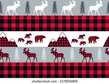 Buffalo plaid seamless pattern. She-bear with cubs, mountains, fir-trees and moose on a striped and checkered background. Forest vector illustration.