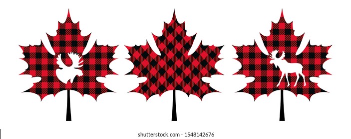 
Buffalo plaid set of maple leaves with moose silhouettes. Isolated design elements on a white background. Vector clipart.