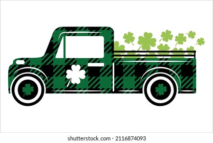 Buffalo Plaid Shamrock market Truck. Happy St Patrick’s Day  Vector Design.  St. Patrick's Day T-shirt Design. St. Patrick’s day retro truck delivers shamrocks.