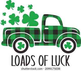 Buffalo plaid St Patrick's day old vintage truck with shamrock vector illustration isolated on white background. Loads of luck truck carrying clovers clipart