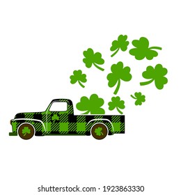 Buffalo plaid truck carries shamrocks. St. Patrick's Day.