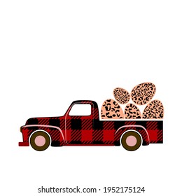 Un camión de mantas de búfalo lleva huevos de Pascua. Un camión lleva huevos de Pascua. Huevos de Pascua estampado de leopardo.