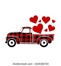 Buffalo plaid truck with hearts. Red buffalo plaid pattern. Vintage pickup delivers hearts. Vector template for Valentine’s Day greeting card, banner, poster, flyer, etc.