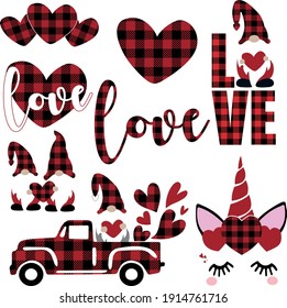 Buffalo Plaid Valentine's Day vector Illuustration isolated on white background. Valentines heart, gnomes, love lettering, unicorn, truck.