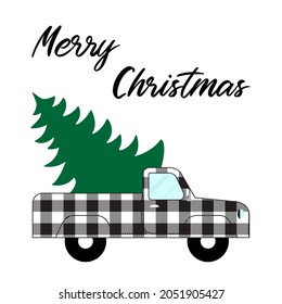 Buffalo plaid vintage truck with Christmas tree. Christmas truck. Vector illustration. Isolated on white background.