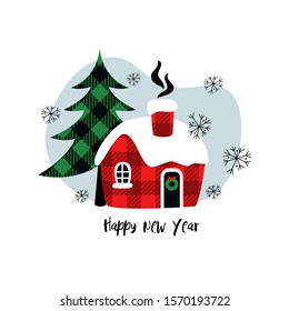 
Buffalo Plaid Winter House.
Cozy Checkered Cabin And A Tall Christmas Tree.Vector Christmas Illustration.