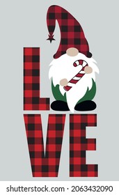 Buffalo plaid word love with christmas gnome. Buffalo plaid christmas quote. Christmascut file for shirt design or home decor.