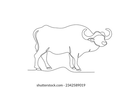A buffalo plowing rice fields. World animal day one-line drawing