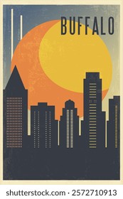 Buffalo retro city poster with abstract shapes of skyline, buildings. USA, New York state vintage travel vector illustration, cityscape at sunrise, sunset