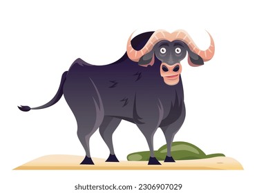 Buffalo savannah animal. Funny horned herbivore on sand with grass. African mammals in wild environment concept. Smiling friendly zoo character. Cartoon flat vector illustration on white background