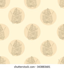Buffalo seamless pattern. Black outlines of the coat. A bright background. Large horned mammal. A wild animal. Vector illustration.